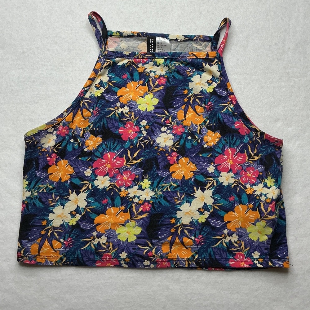 HM Divided Womens Blue Floral High Neck Crop Tank Top Size M Cotton Blend